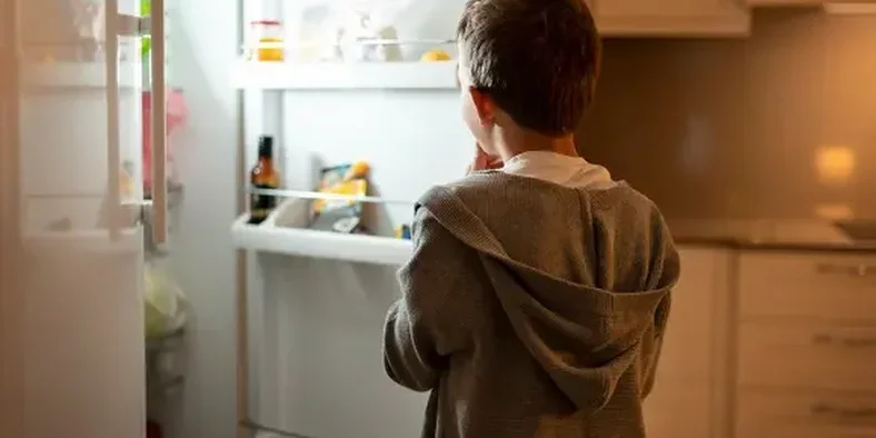 anak kecil membuka kulkas di dapur